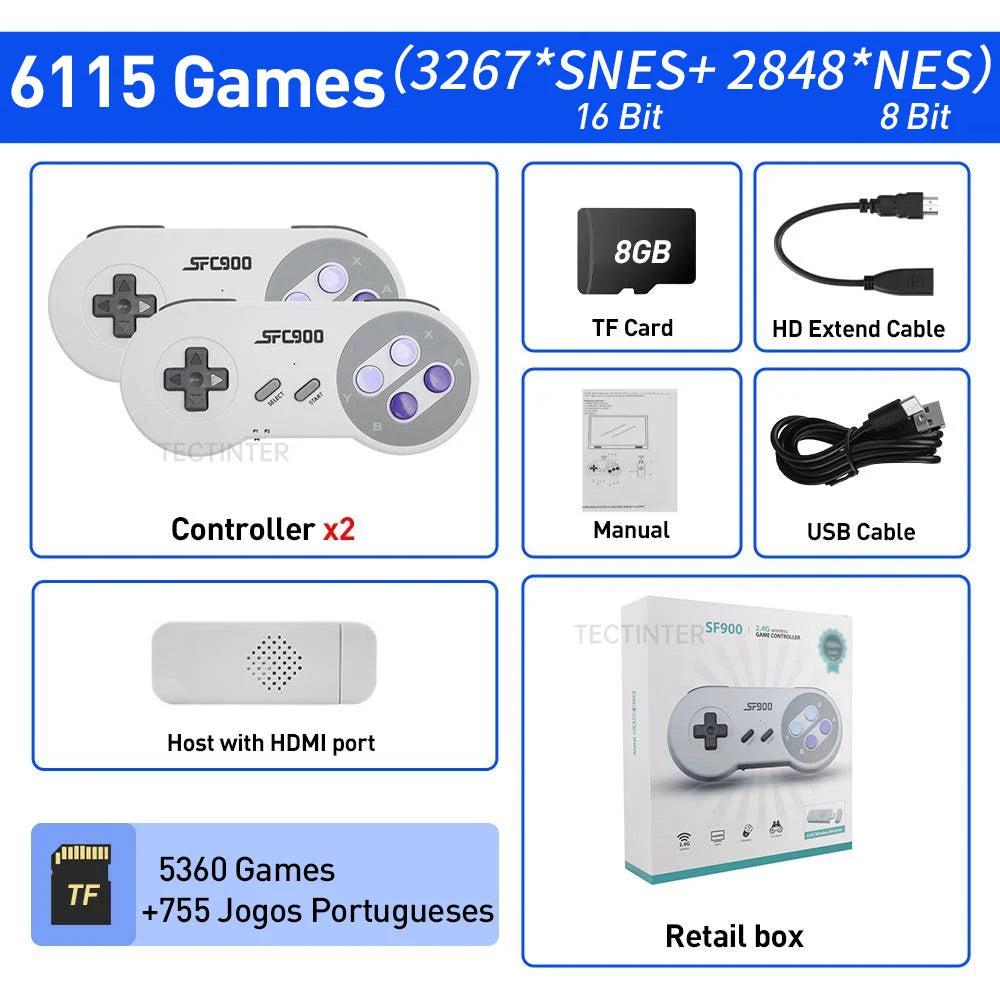 Consola de Videojuegos SF900 Super Nintendo. Game Stick para TV con más de 6100 juegos integrados, salida HD y compatible con control inalámbrico.