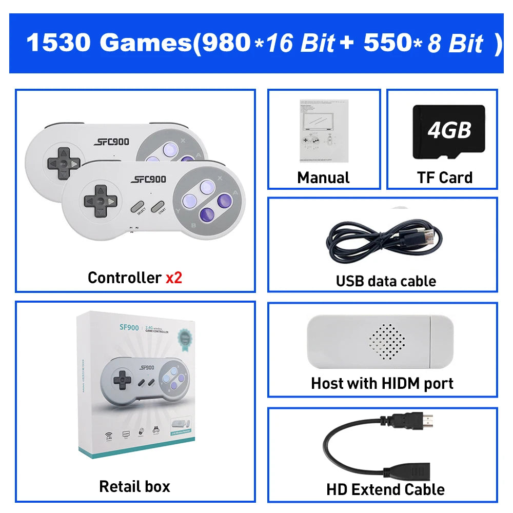 Consola de Videojuegos SF900 Super Nintendo. Game Stick para TV con más de 6100 juegos integrados, salida HD y compatible con control inalámbrico.