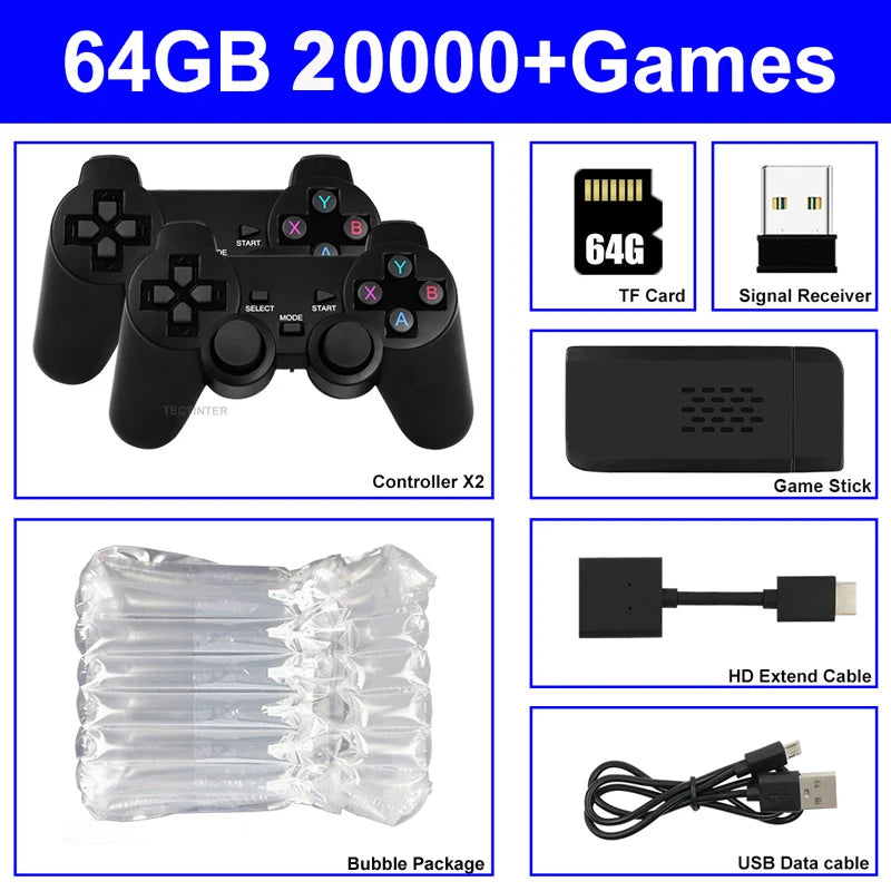 Consola Retro Portátil | Game Stick 4K para TV | Control Inalámbrico 2.4G | 64GB de Memoria