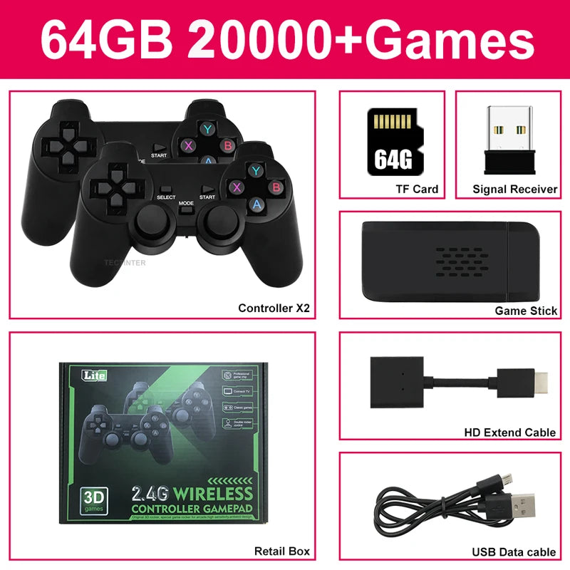 Consola Retro Portátil | Game Stick 4K para TV | Control Inalámbrico 2.4G | 64GB de Memoria