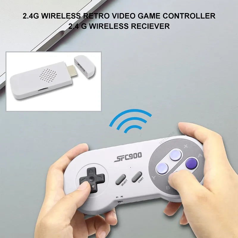 Consola de Videojuegos SF900 Super Nintendo. Game Stick para TV con más de 6100 juegos integrados, salida HD y compatible con control inalámbrico.