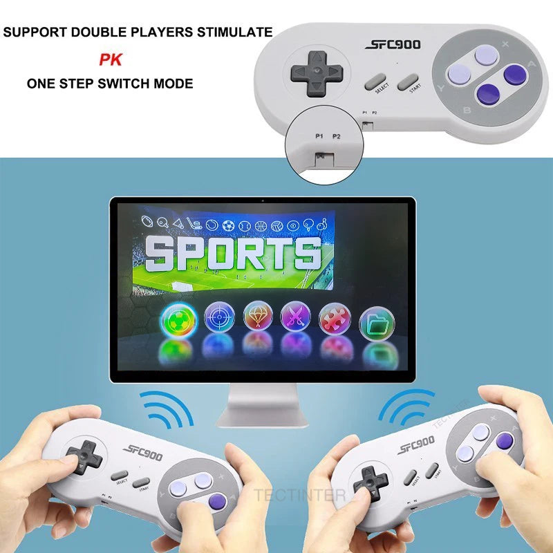 Consola de Videojuegos SF900 Super Nintendo. Game Stick para TV con más de 6100 juegos integrados, salida HD y compatible con control inalámbrico.